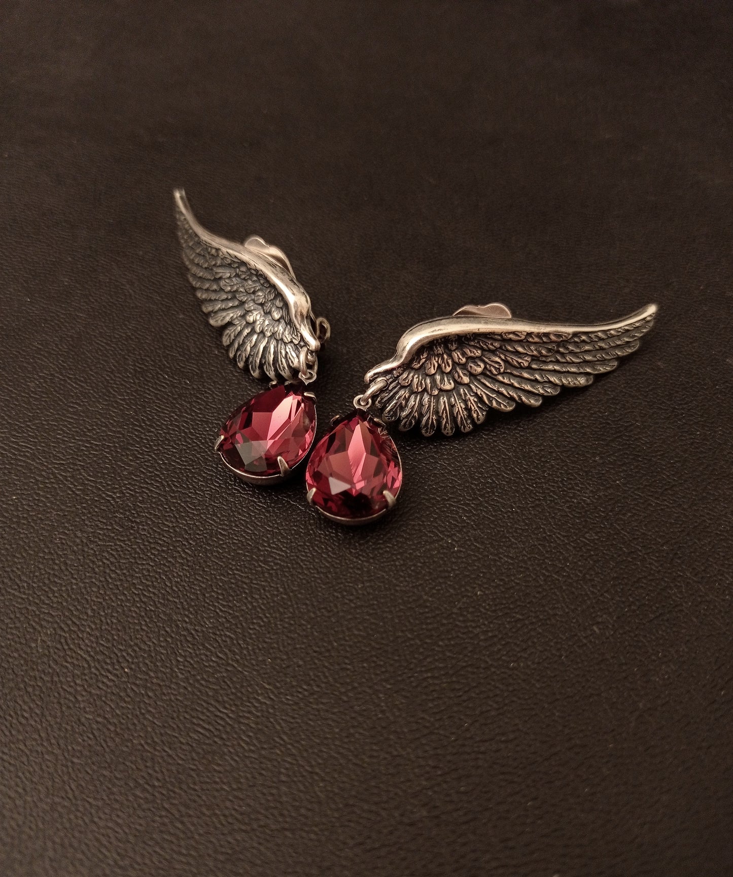 Burgundy Crystal Silver Wings Earrings