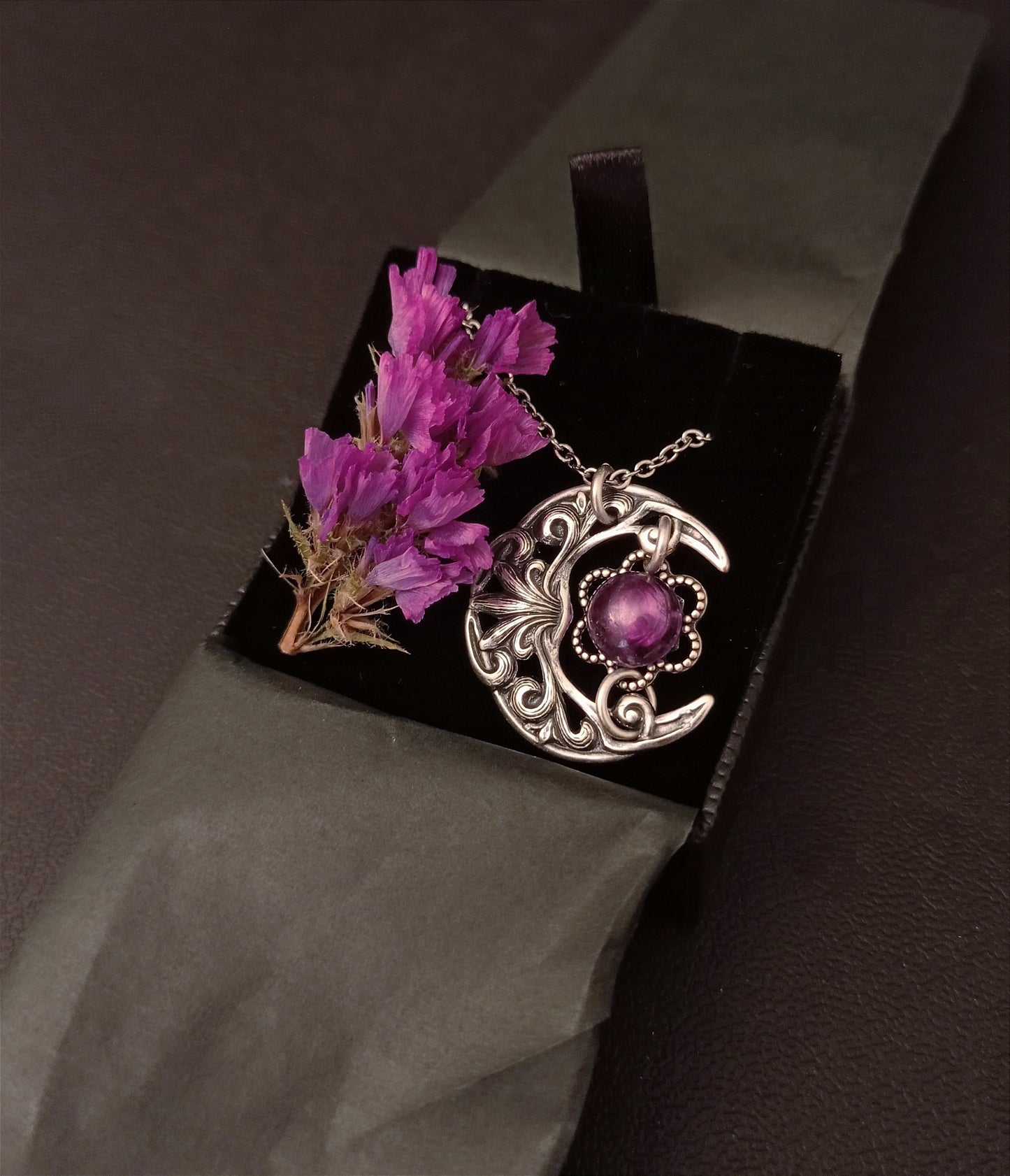 Small Crescent Necklace with Amethyst