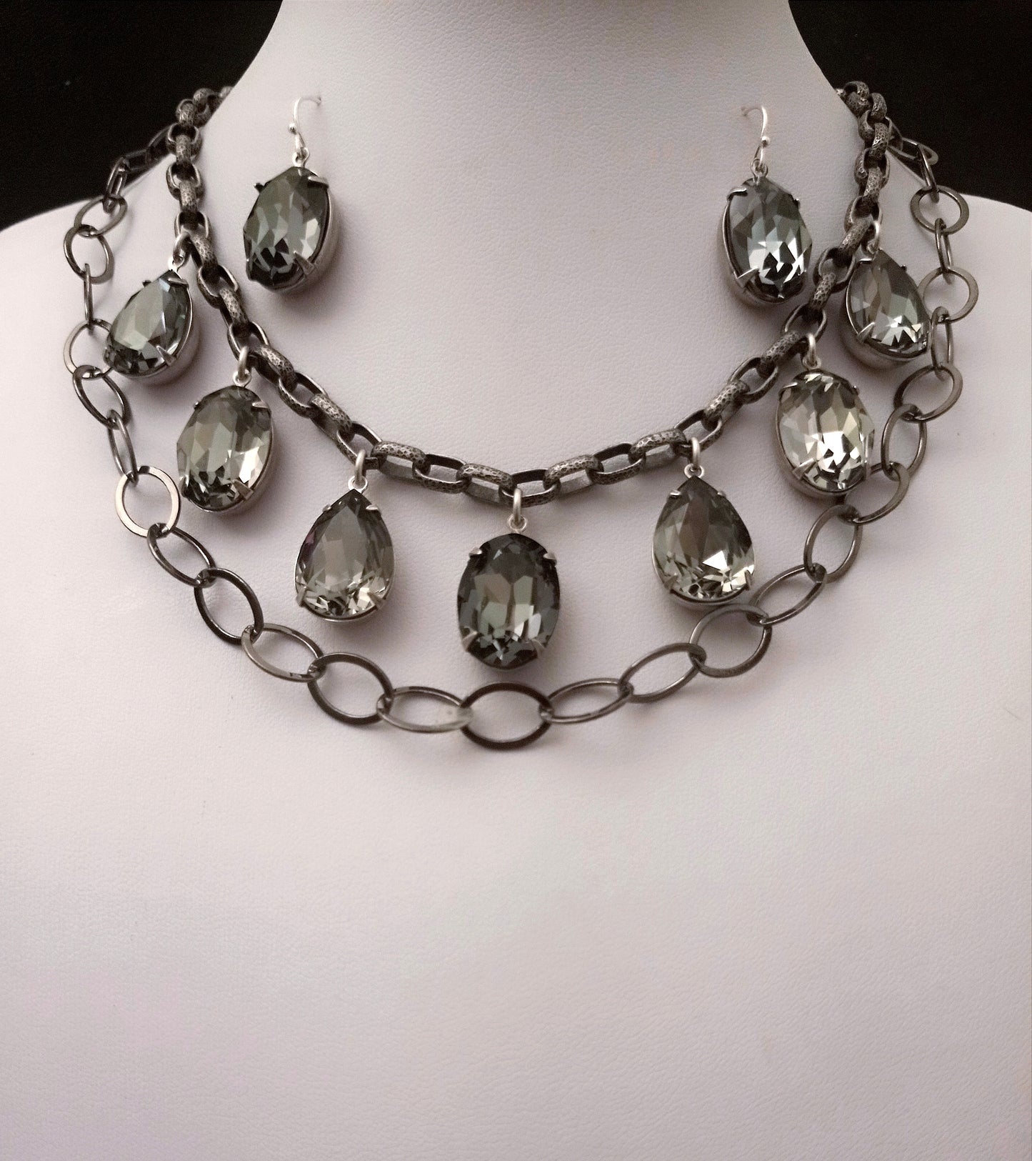 Gray Swarovski Crystal gunmetal chain necklace