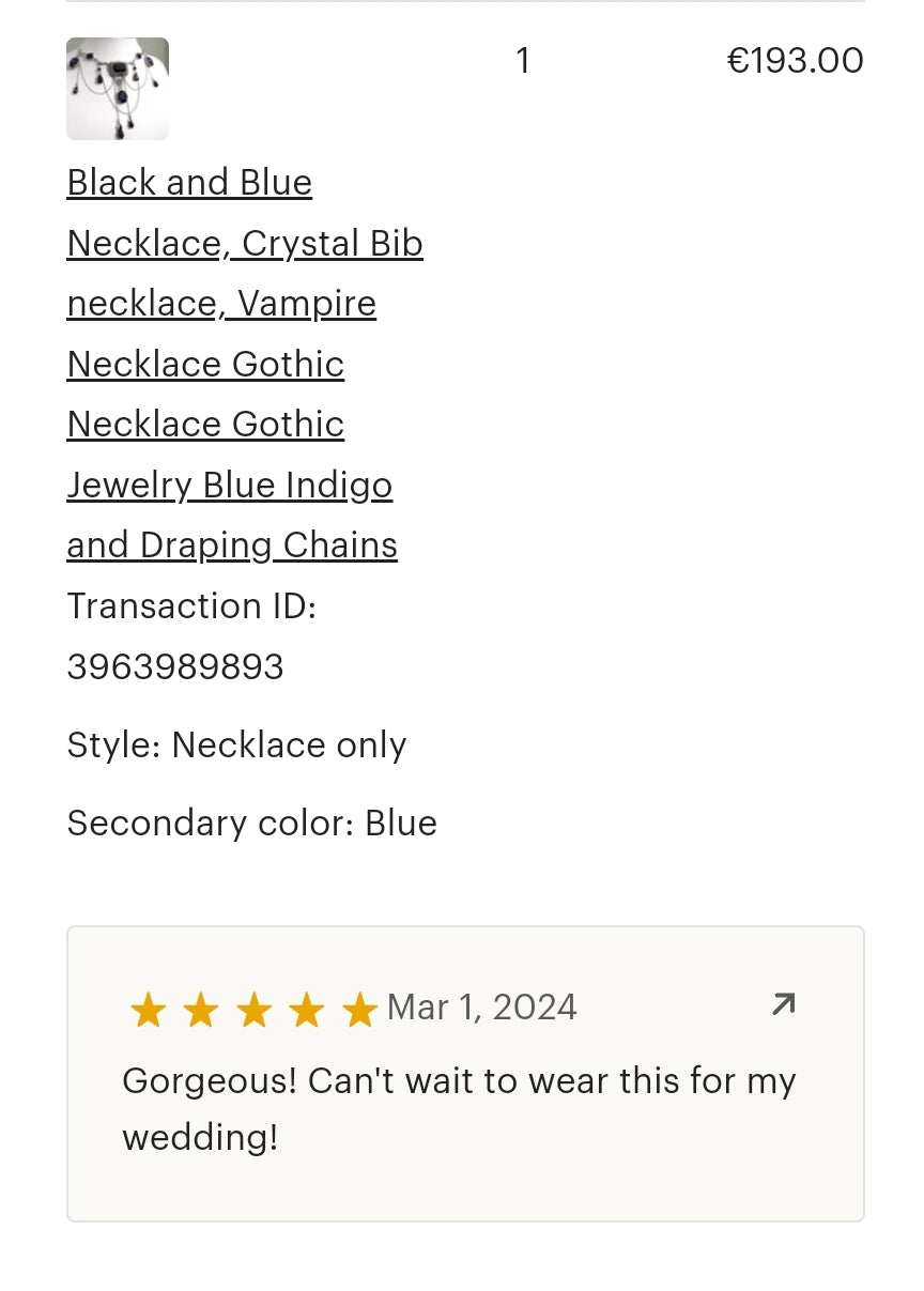 Customer review for gothic crystal bib necklace in blue, praising it as a wedding accessory. Product listing includes price and transaction details.