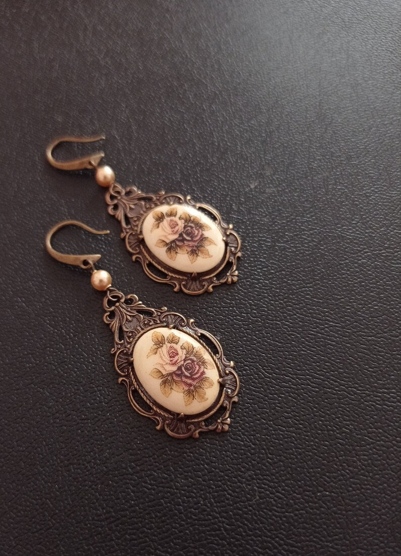 Pink rose cameo earrings