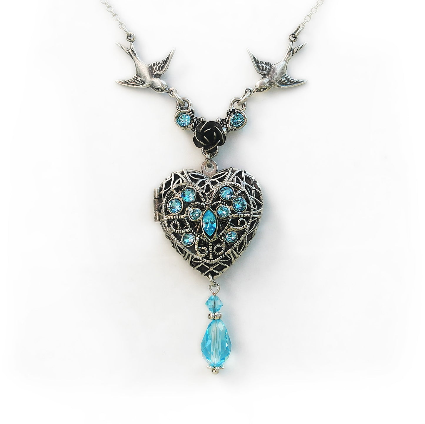 Silver Heart Locket Necklace with Swarovski Crystals