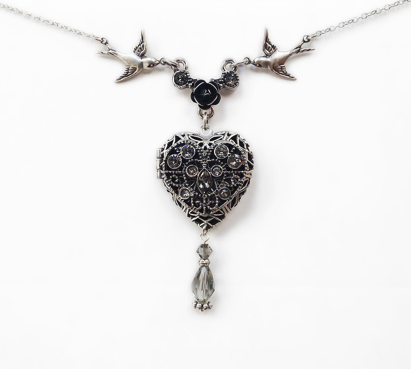 Silver Heart Locket Necklace with Swarovski Crystals