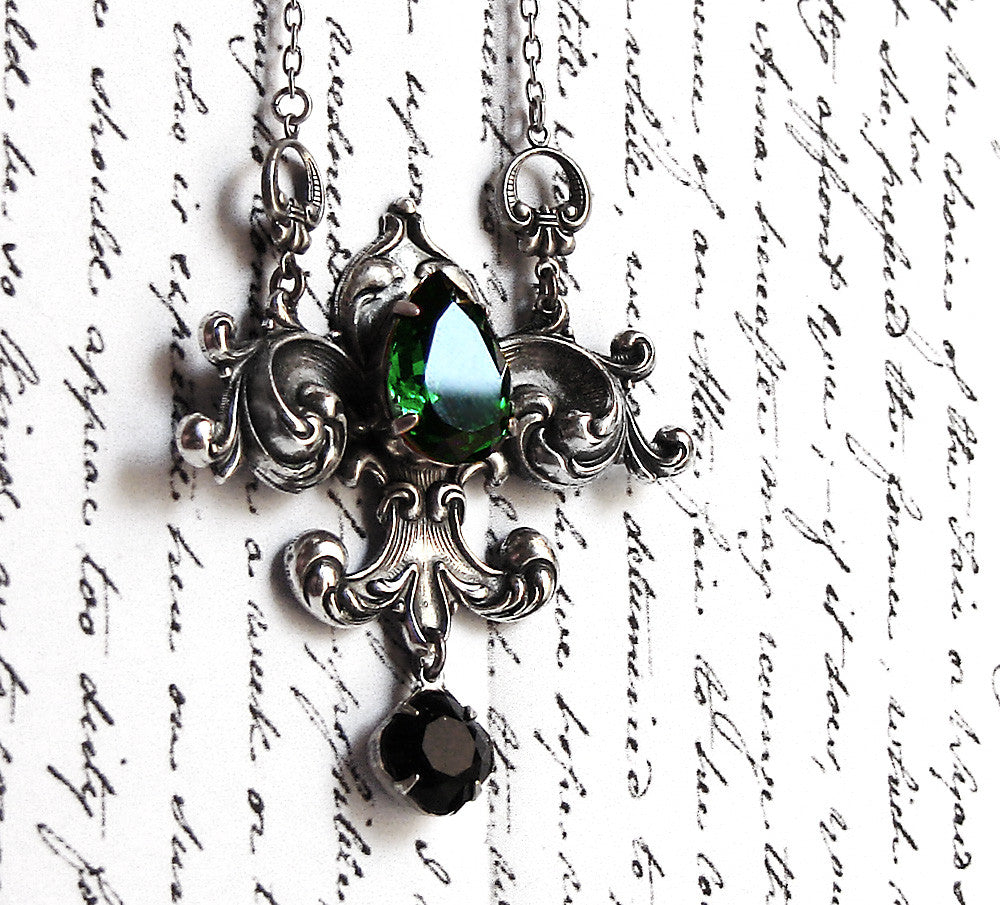 Fleur De Lys Necklace with Black and Purple Swarovski Crystals