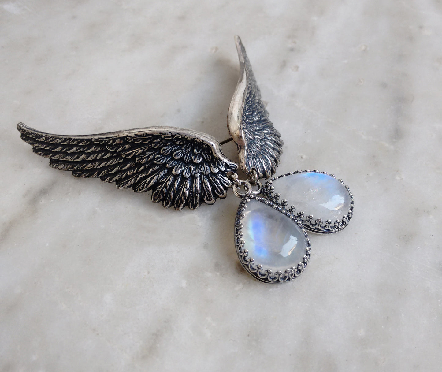 Silver Wings Earrings with Swarovski Drops