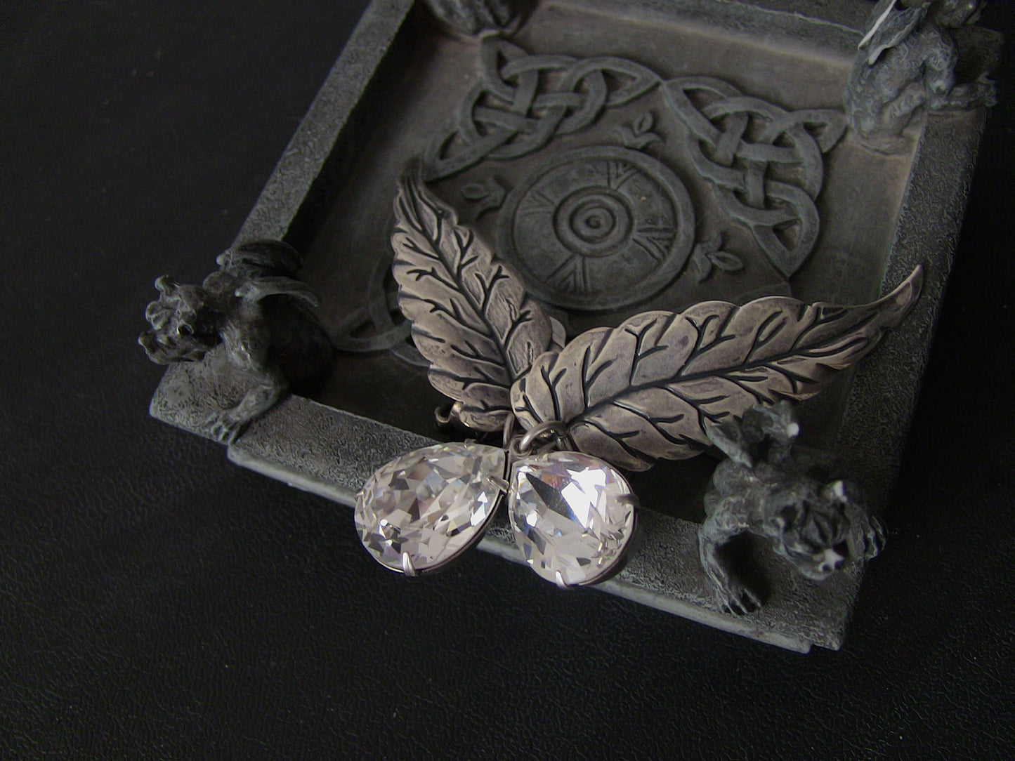 Silver Leaves Earrings with Swarovski Drops