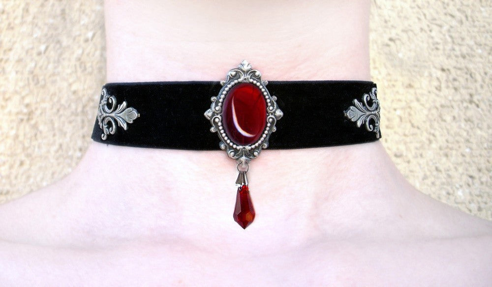 Black Velvet Choker with Red Crystal - Aranwen's Jewelry
 - 3