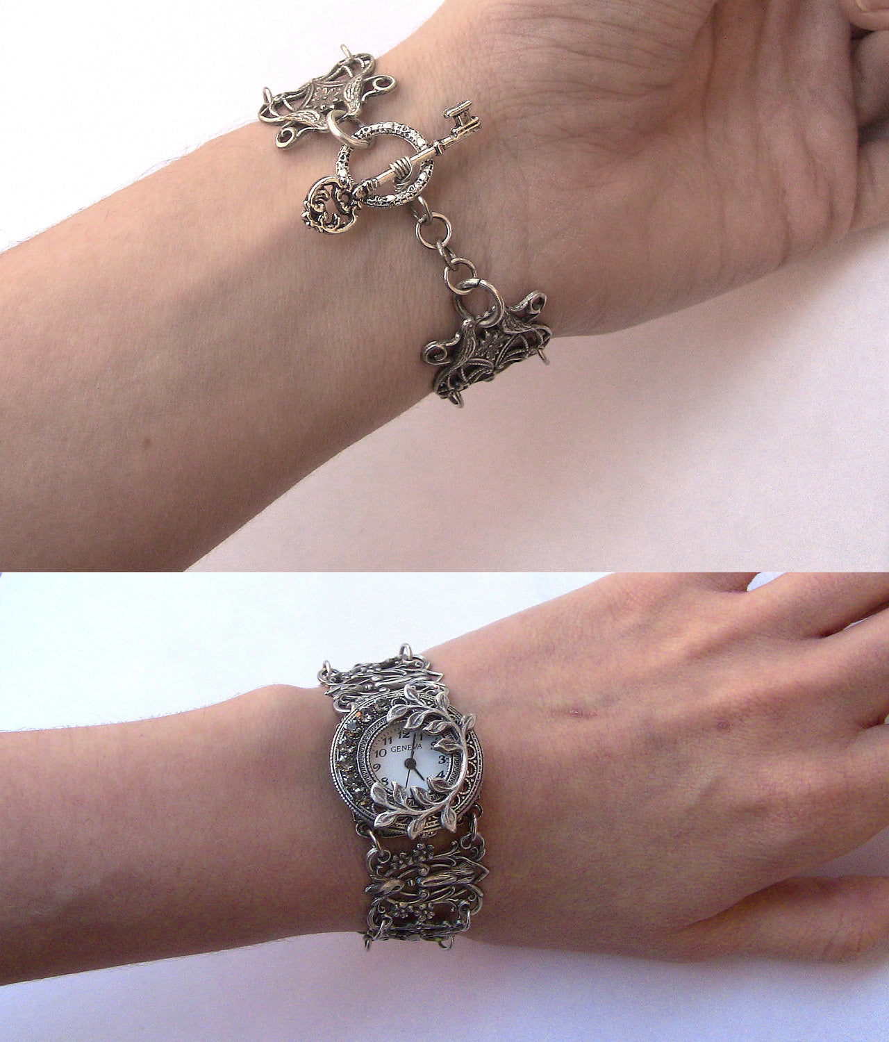 Silver ladies wrist watch bracelet Gothic watch Victorian Jewelry - Aranwen's Jewelry
 - 5