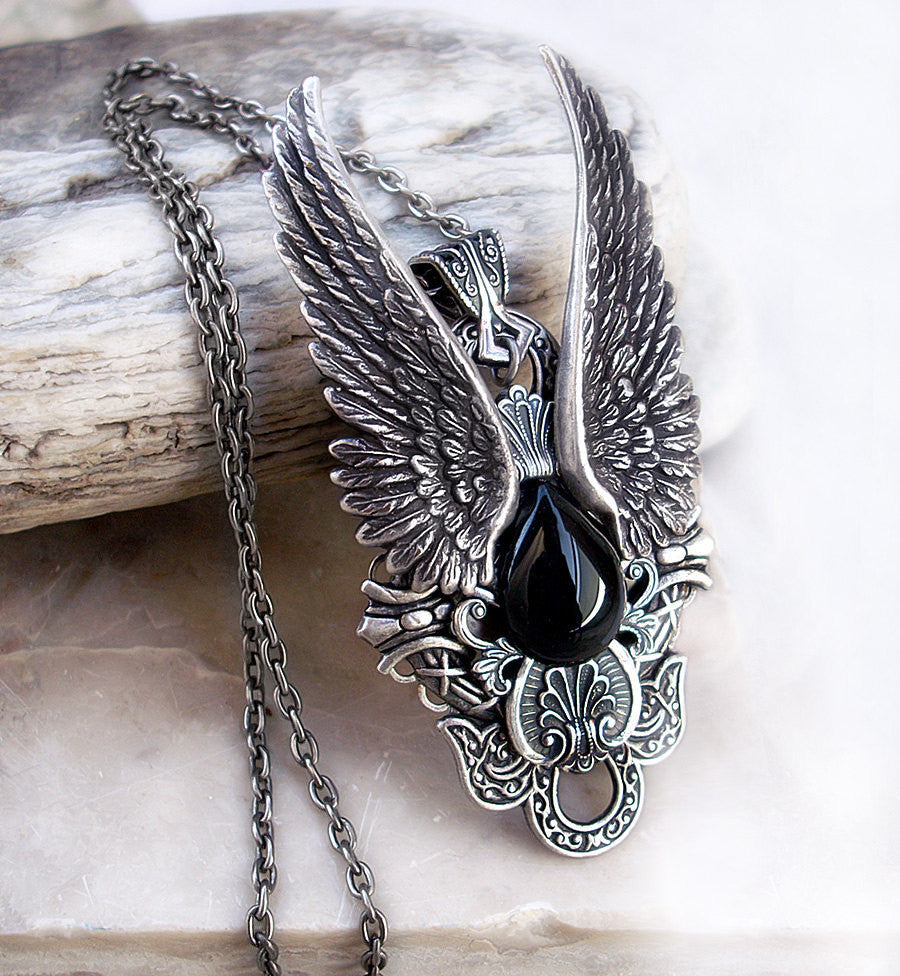 Gothic Pendant Necklace with Silver Wings and Black Onyx