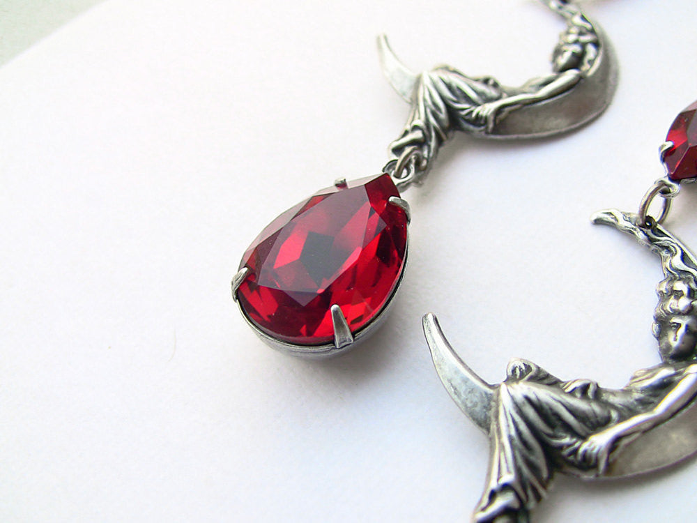 Moon Maiden Earrings with Red Swarovski crystal - Aranwen's Jewelry
 - 2