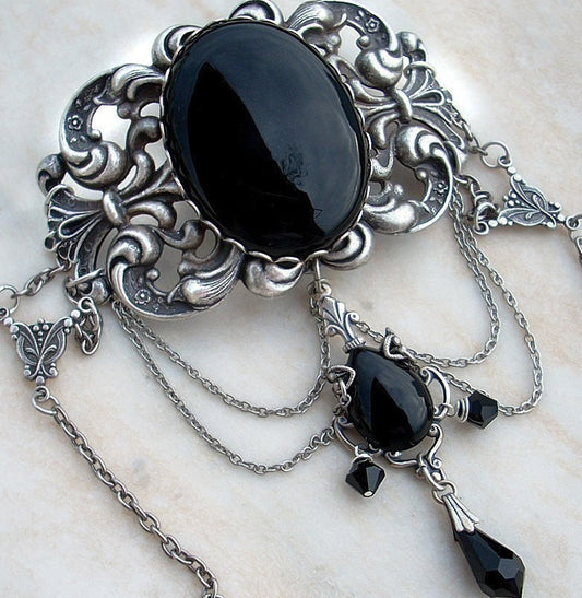 Black Gothic Choker with Onyx and Swarovski Crystals - Aranwen's Jewelry
 - 1