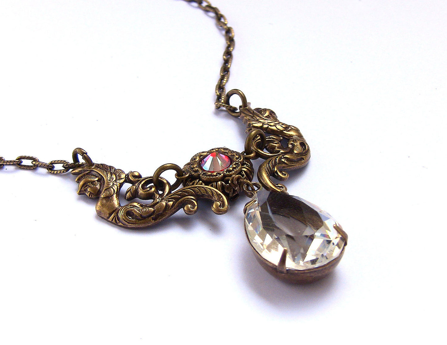 Vintage Brass Necklace with Swarovski Crystal - Aranwen's Jewelry
- 3