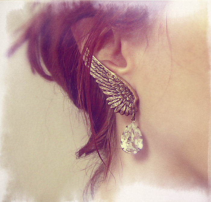 Brass Wings Earrings with Swarovski Crystal Drops - Aranwen's Jewelry
 - 3