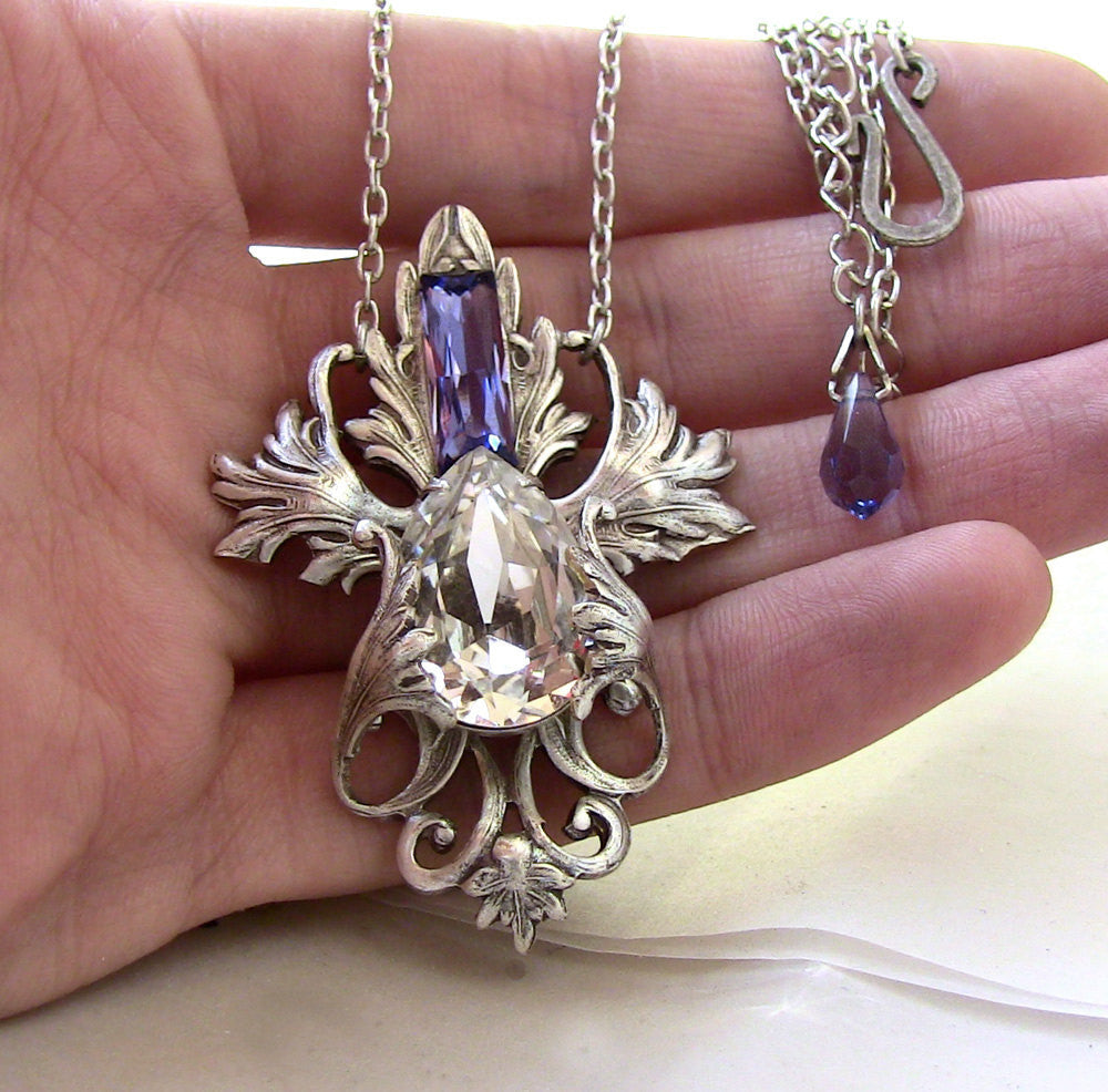 Victorian Silver Necklace with Tanzanite and Clear Crystals - Aranwen's Jewelry
 - 5