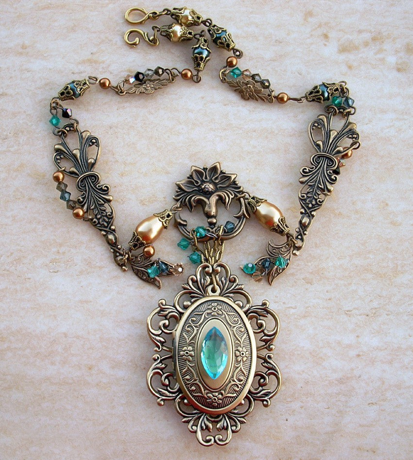 Brass Locket Necklace with Green and Gold Crystals - Aranwen's Jewelry
- 3