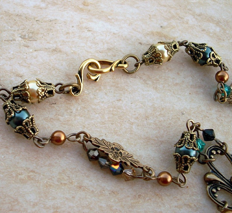 Brass Locket Necklace with Green and Gold Crystals - Aranwen's Jewelry
- 4