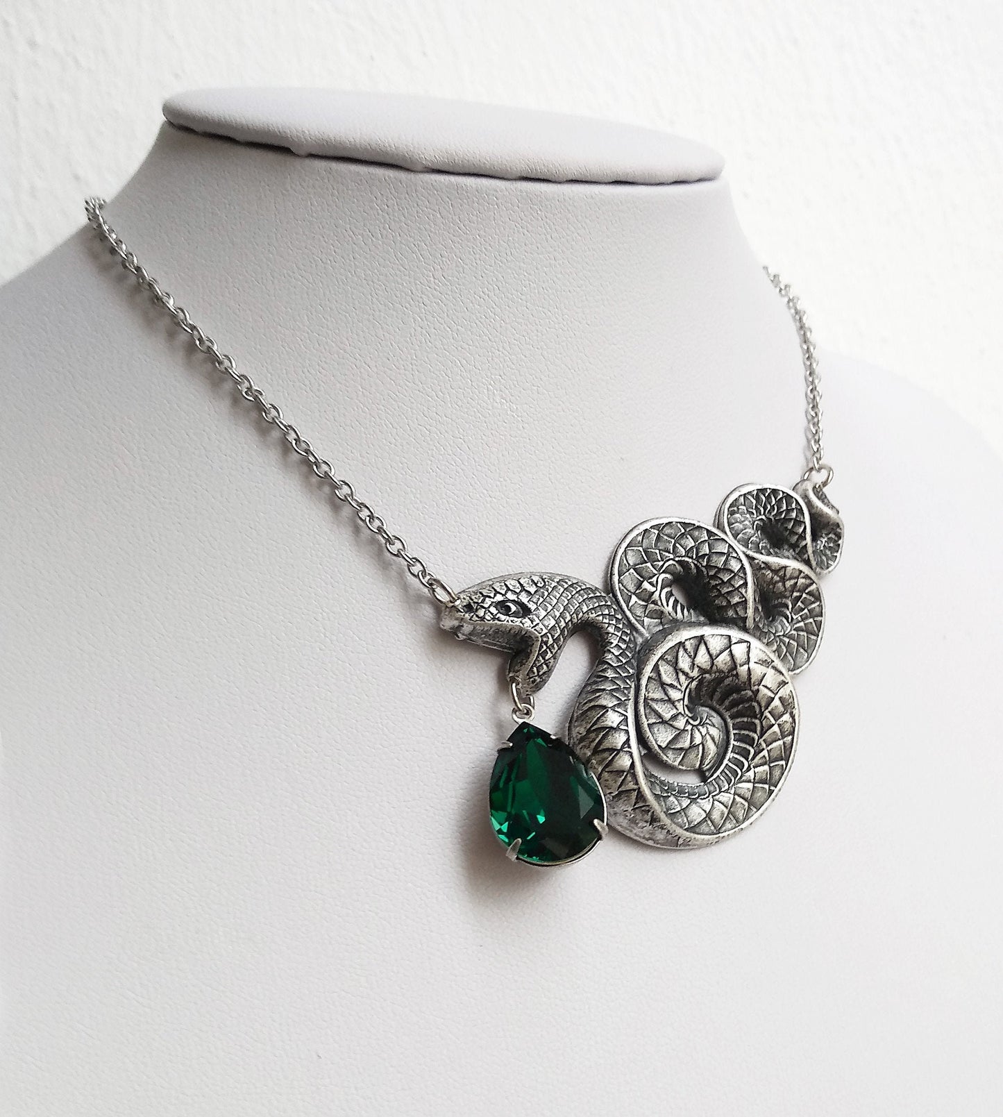  Gothic Silver Snake necklace with emerald green crystal "venom" drop.