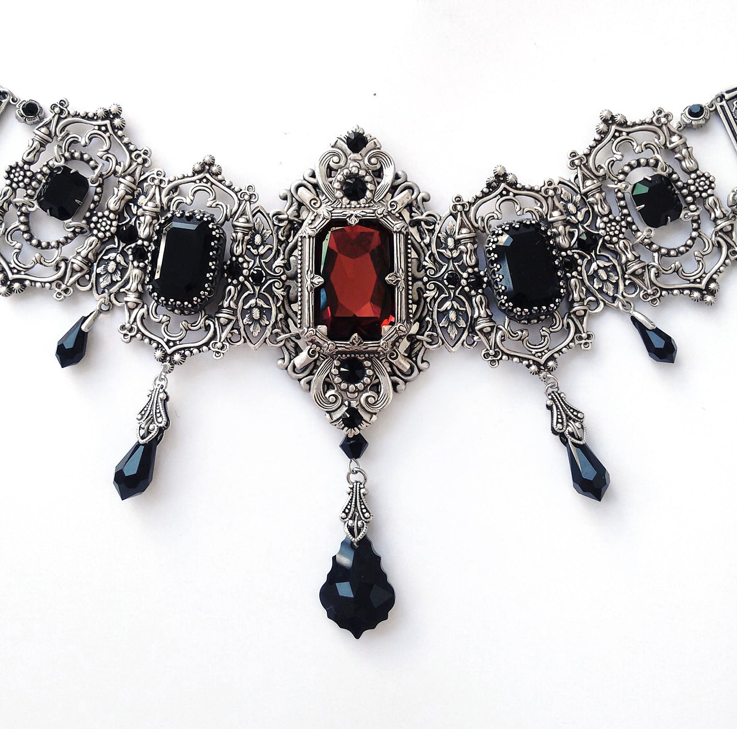 Grand Gothic Choker Set-Silver and Austrian Crystals in burgundy variant with deep red center stone and silver Victorian filigree.