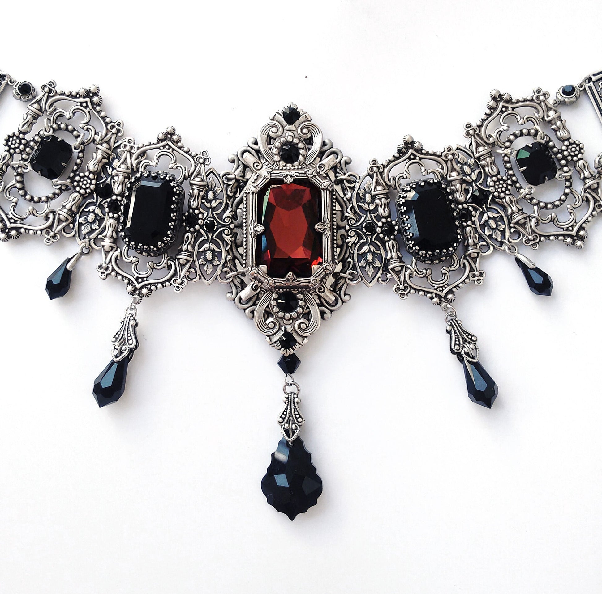 Grand Gothic Choker Set-Silver and Austrian Crystals in burgundy variant with deep red center stone and silver Victorian filigree.
