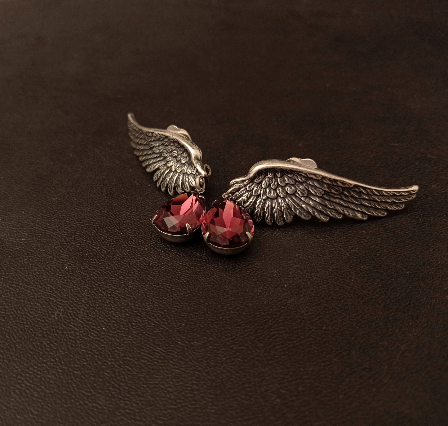 Burgundy Crystal Silver Wings Earrings