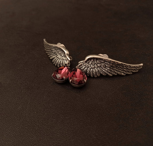 Burgundy Crystal Silver Wings Earrings