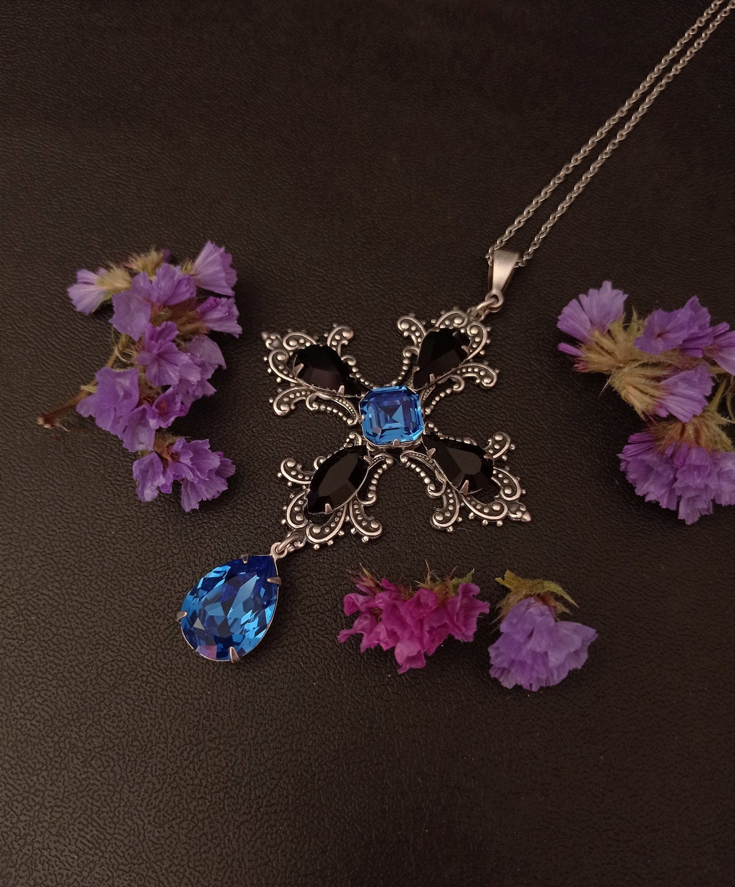 Gothic Cross Necklace with Blue and Black Swarovski Crystals