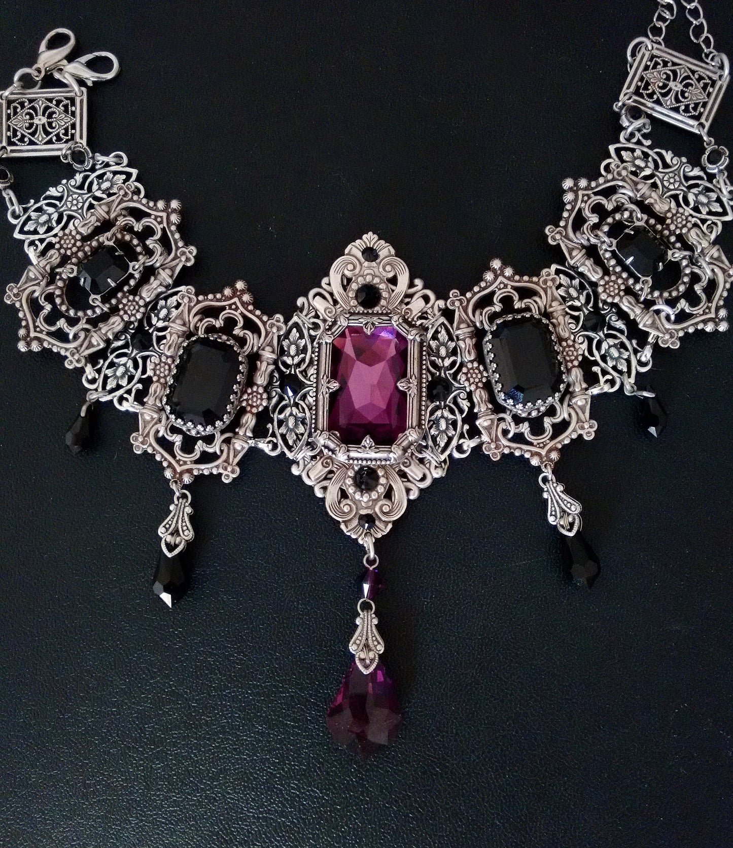 Purple variant of Grand Gothic Choker Set-Silver and Austrian Crystals with amethyst-tone center and black crystal drops.