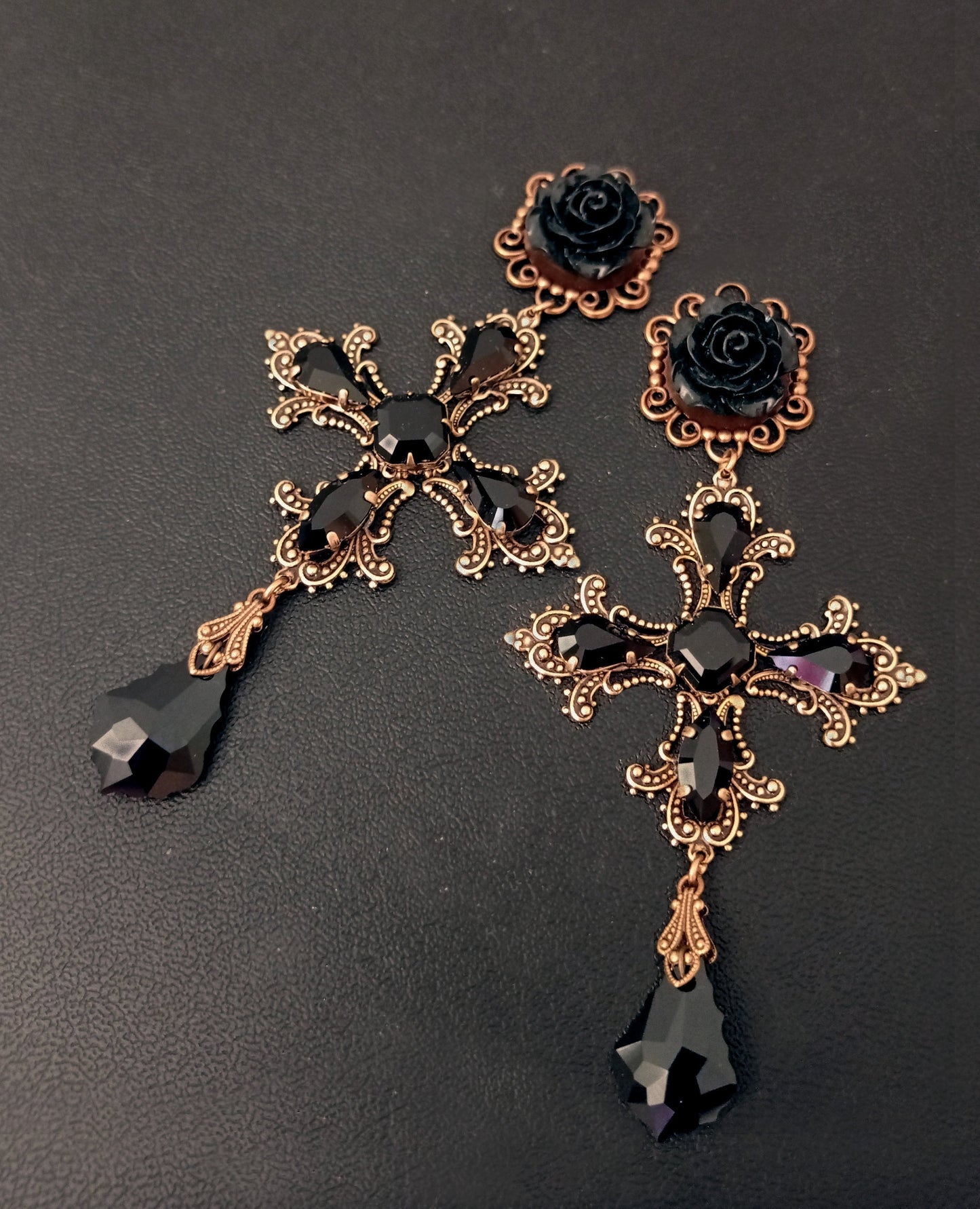 Brass Cross Earrings with black Rose and Crystals