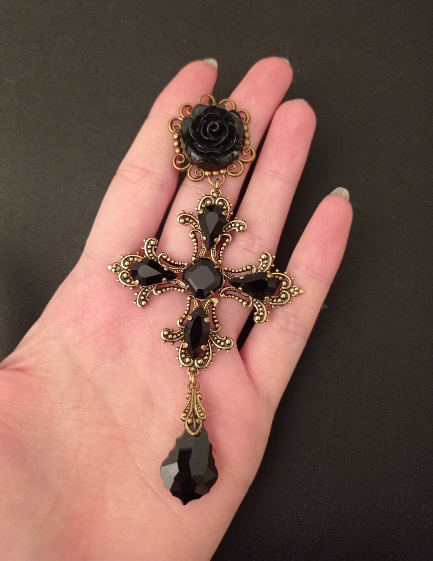 Brass Cross Earrings with black Rose and Crystals