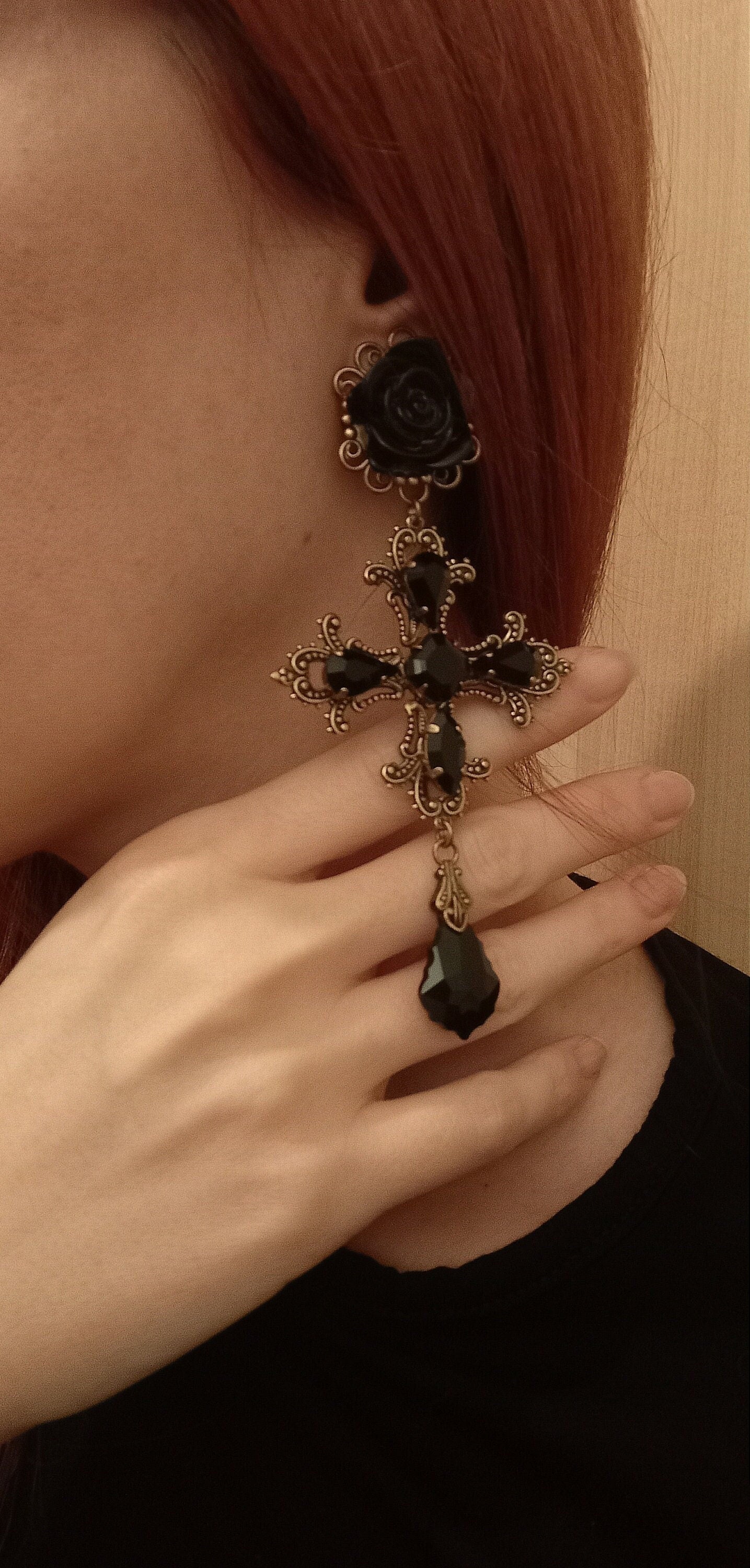 Brass Cross Earrings with black Rose and Crystals