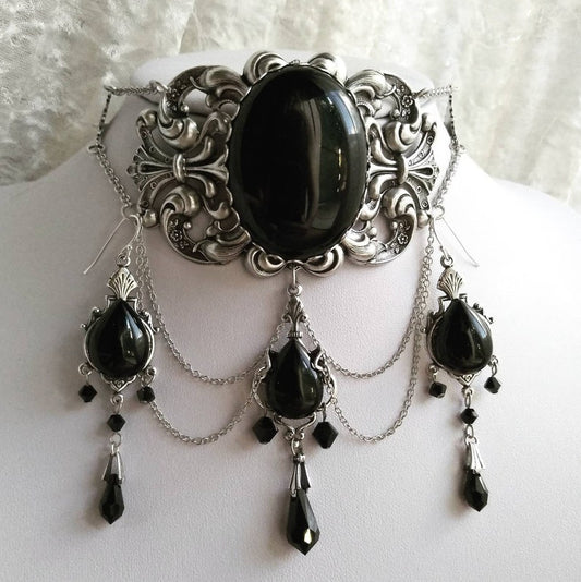 Gothic Jewelry Set with Black Swarovski Crystal Choker and Earrings