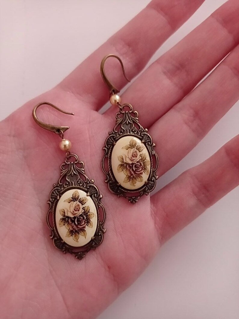 Pink rose cameo earrings