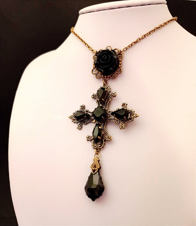 Black crystal brass cross necklace
