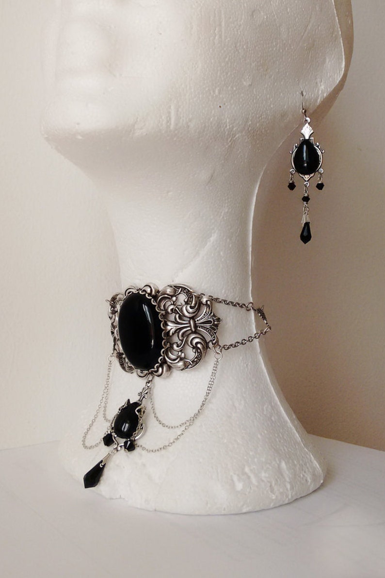 Gothic Jewelry Set with Black Swarovski Crystal Choker and Earrings