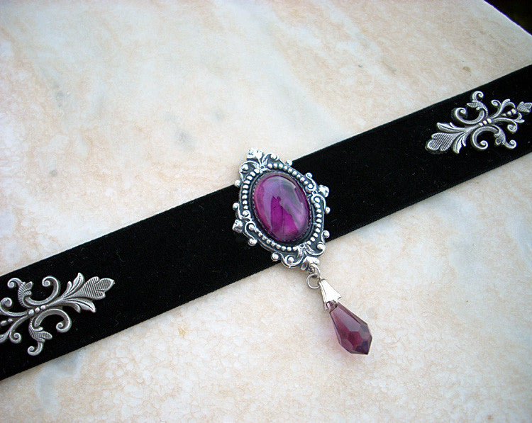 Black Velvet Choker with Onyx and Swarovski Crystal