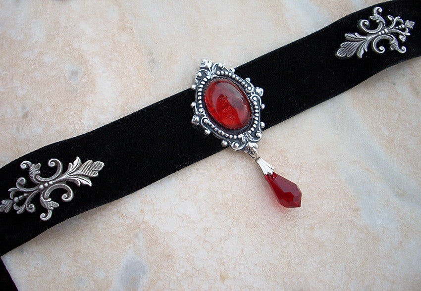 Black Velvet Choker with Onyx and Swarovski Crystal