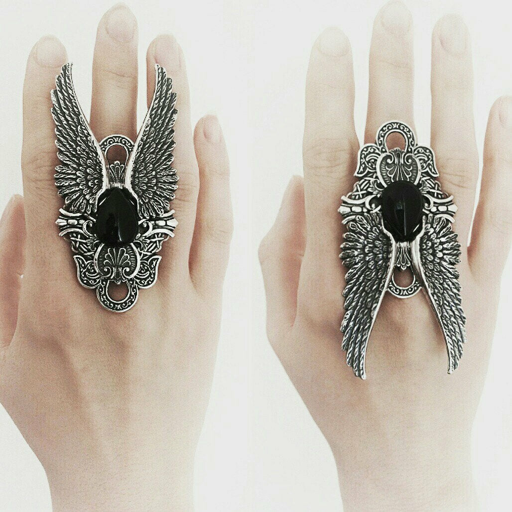 Dark Angel Wings Ring with Black Onyx