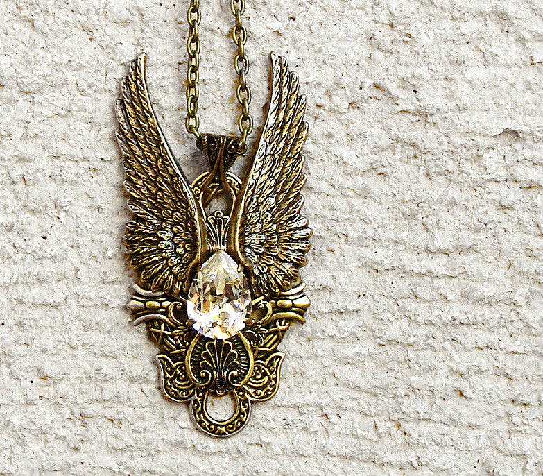 Brass Angel Wings Pendant with Blue Sodalite