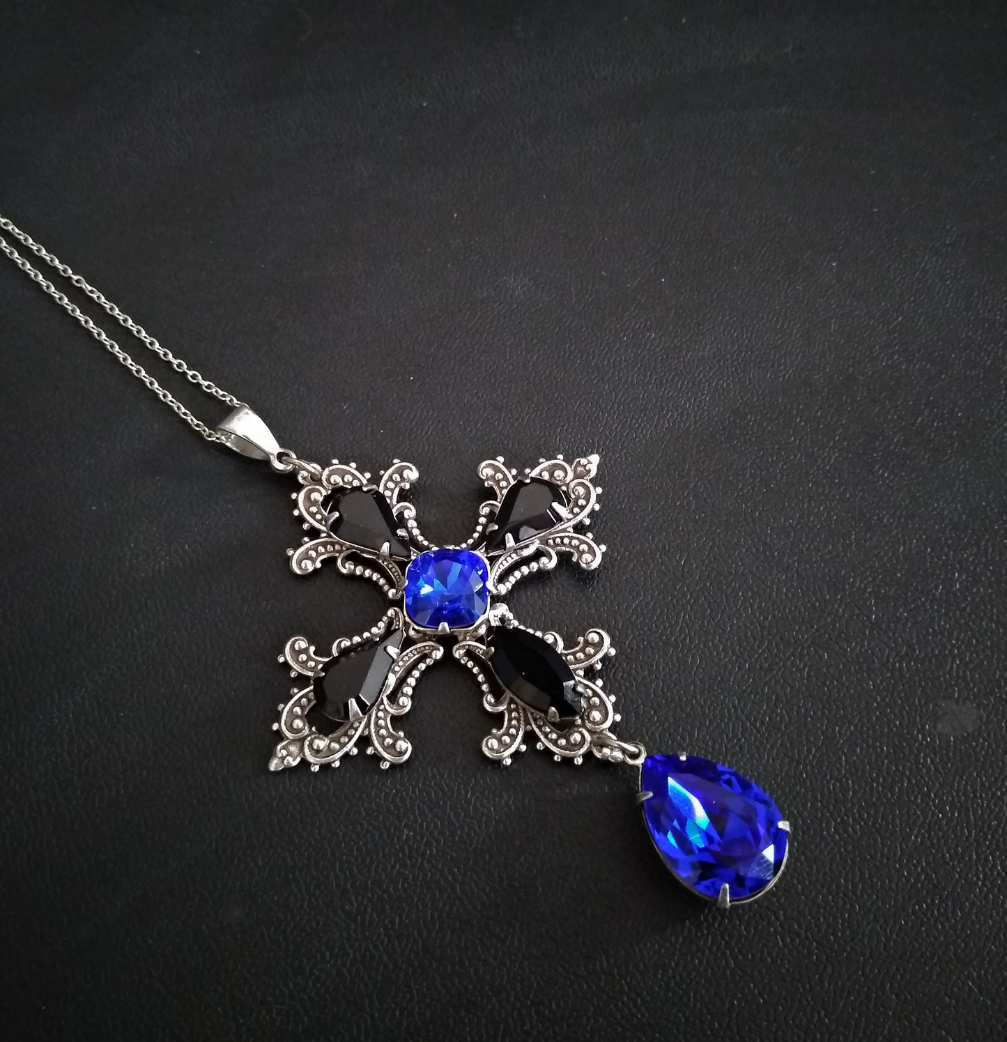 Gothic Cross Necklace with Blue and Black Swarovski Crystals