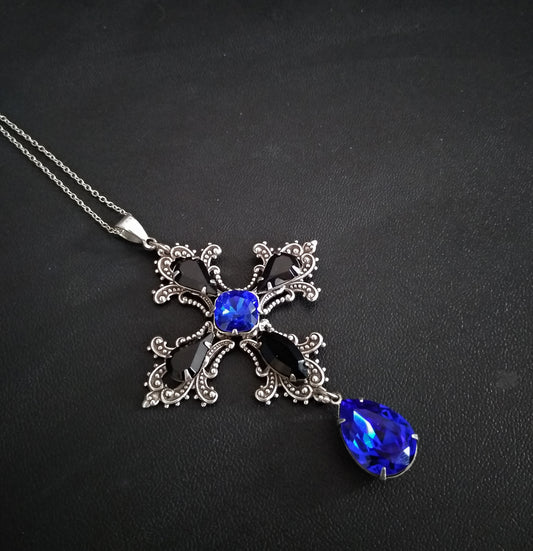 Gothic Cross Necklace with Blue and Black Swarovski Crystals