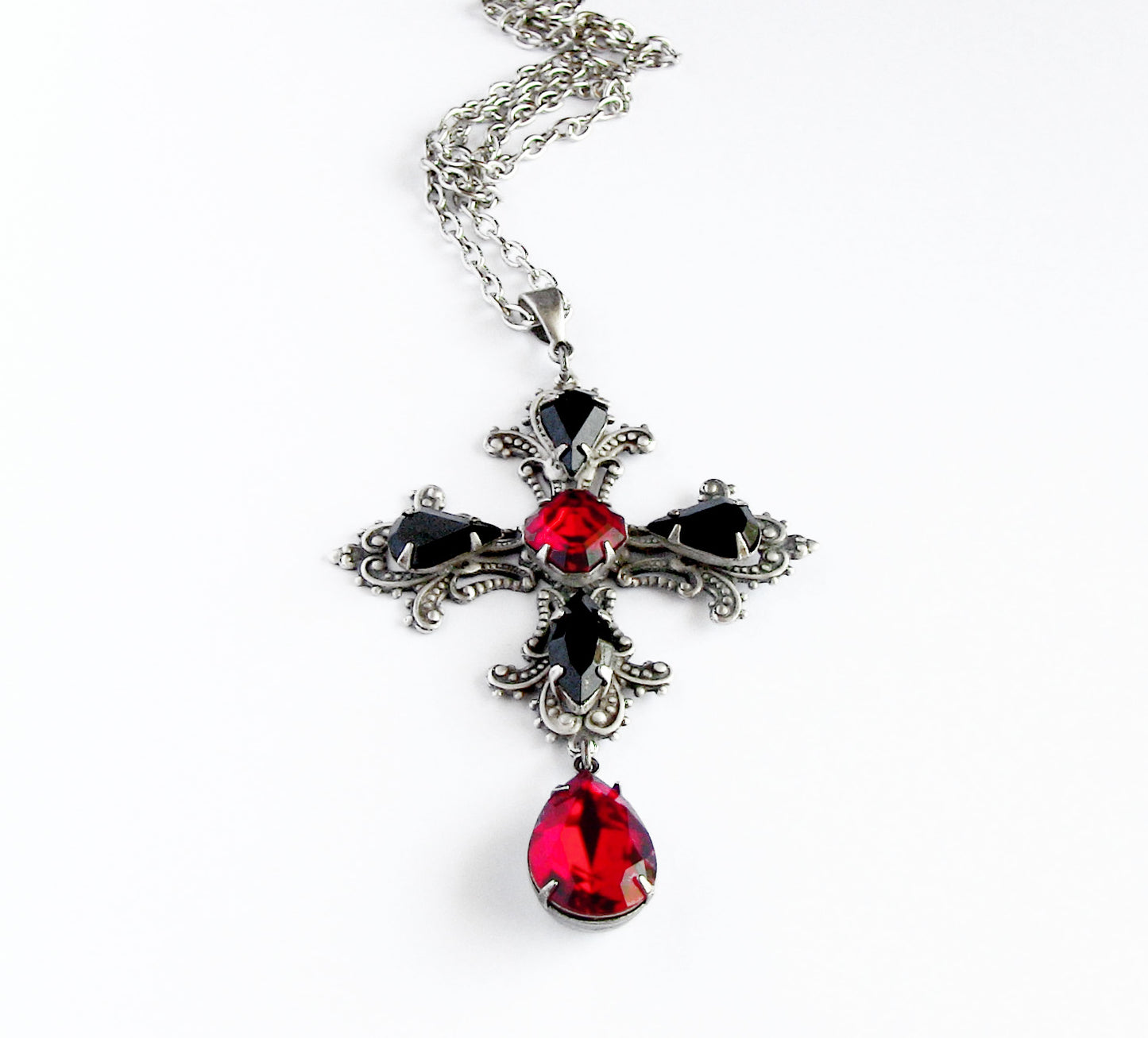 Gothic Cross Necklace with Purple and Black Swarovski Crystals