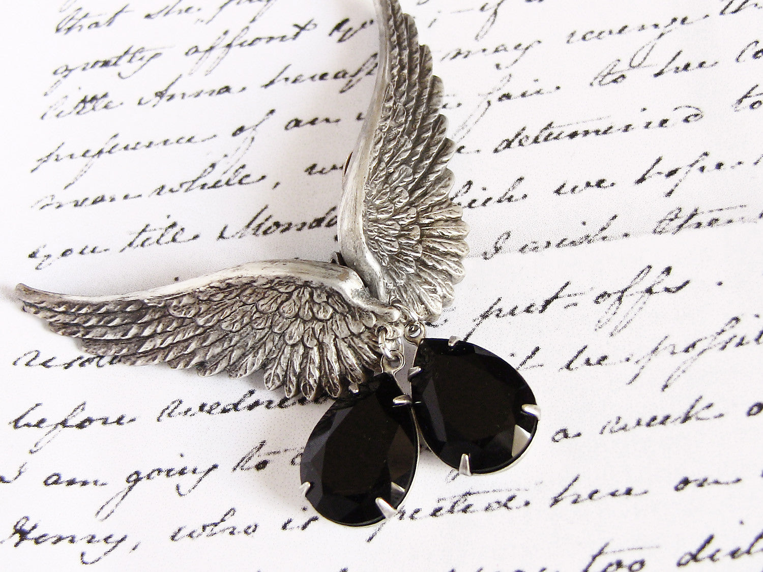 Jewelry Set of Black Swarovski Crystal Necklace and Wing Earrings - Aranwen's Jewelry
 - 2