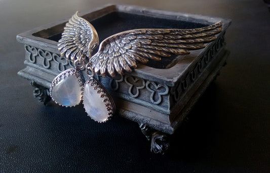 Silver Wings Earrings with rainbow moonstone drops