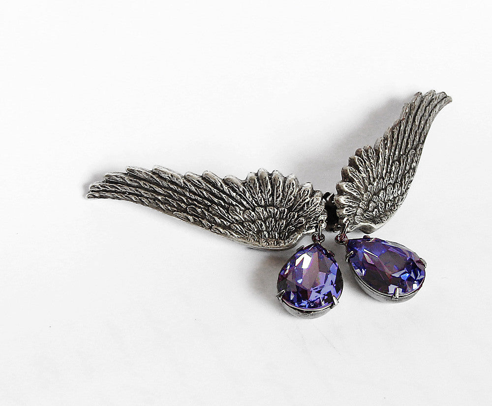 Silver Wings Earrings with Swarovski Drops - Aranwen's Jewelry
 - 5