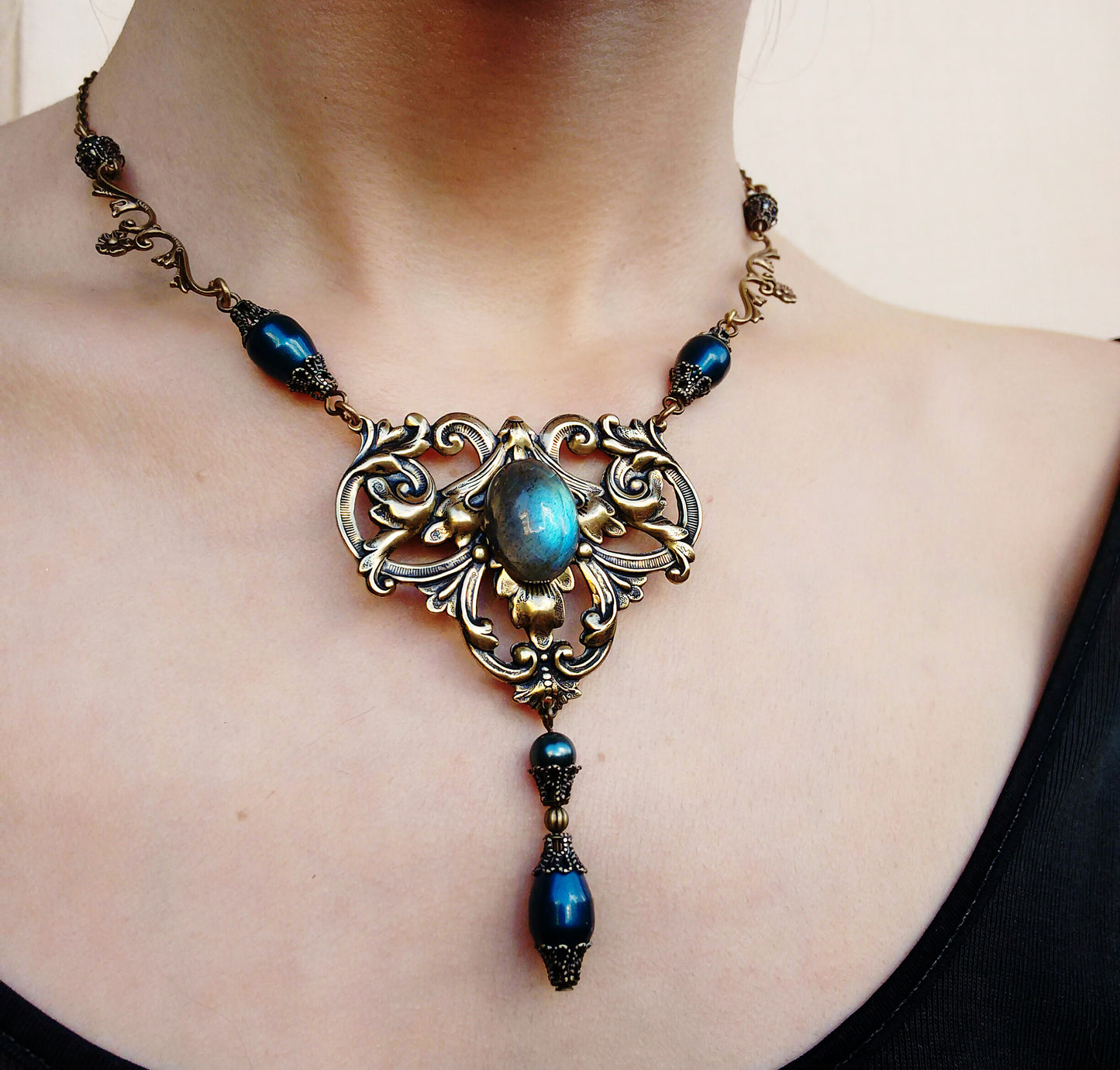 Labradorite and Antique Brass Necklace