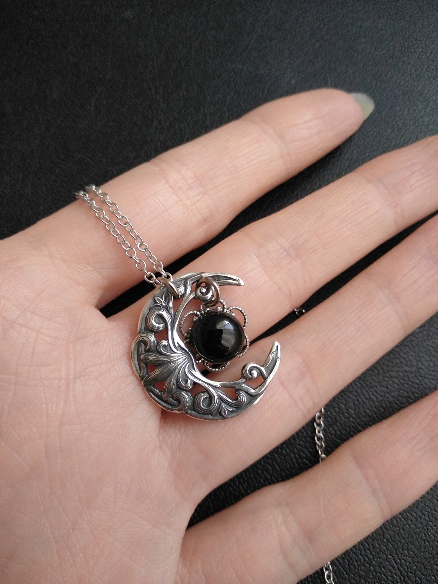 Small Crescent Necklace with Onyx