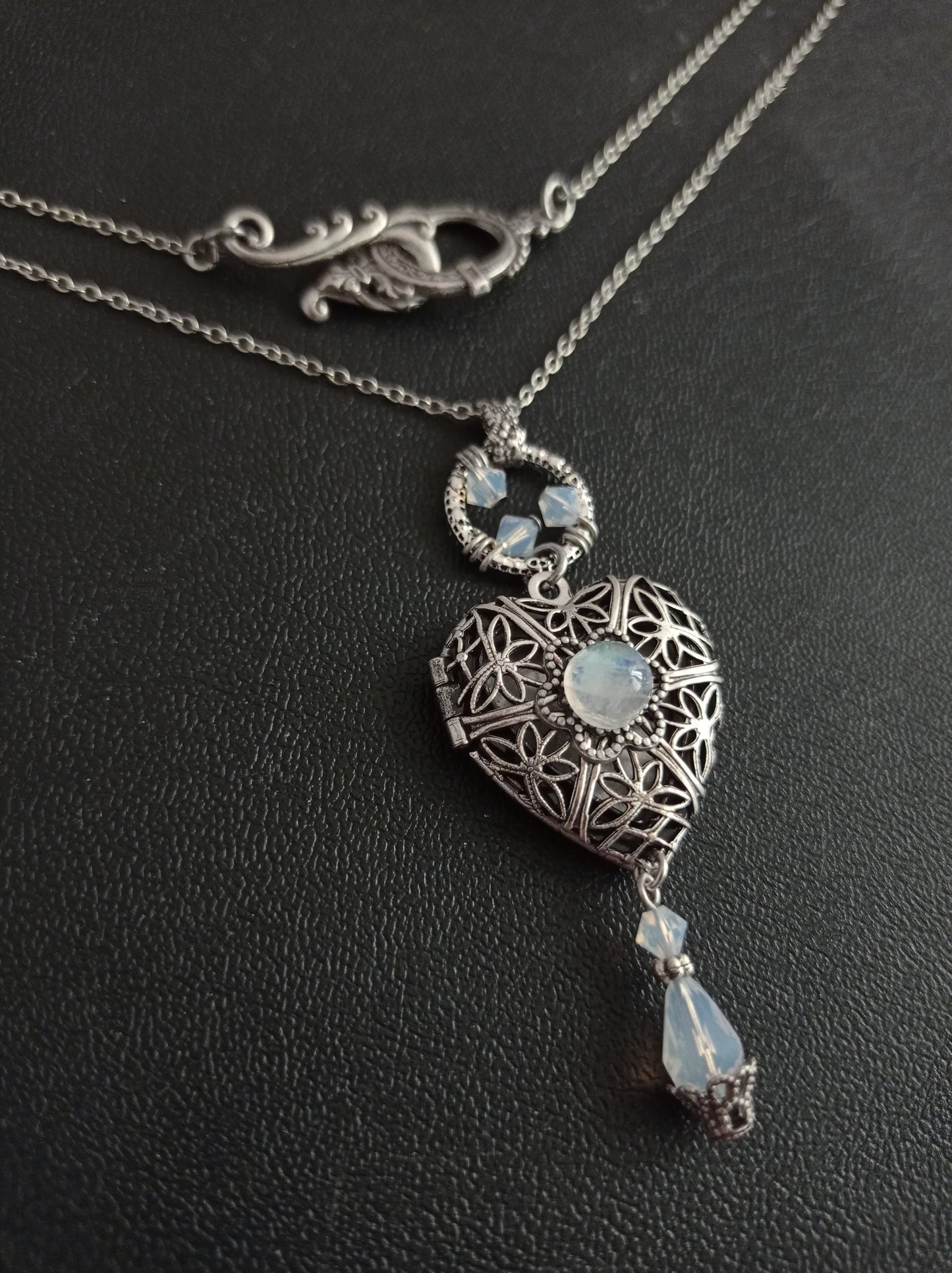 Silver Heart Locket Necklace with Moonstone