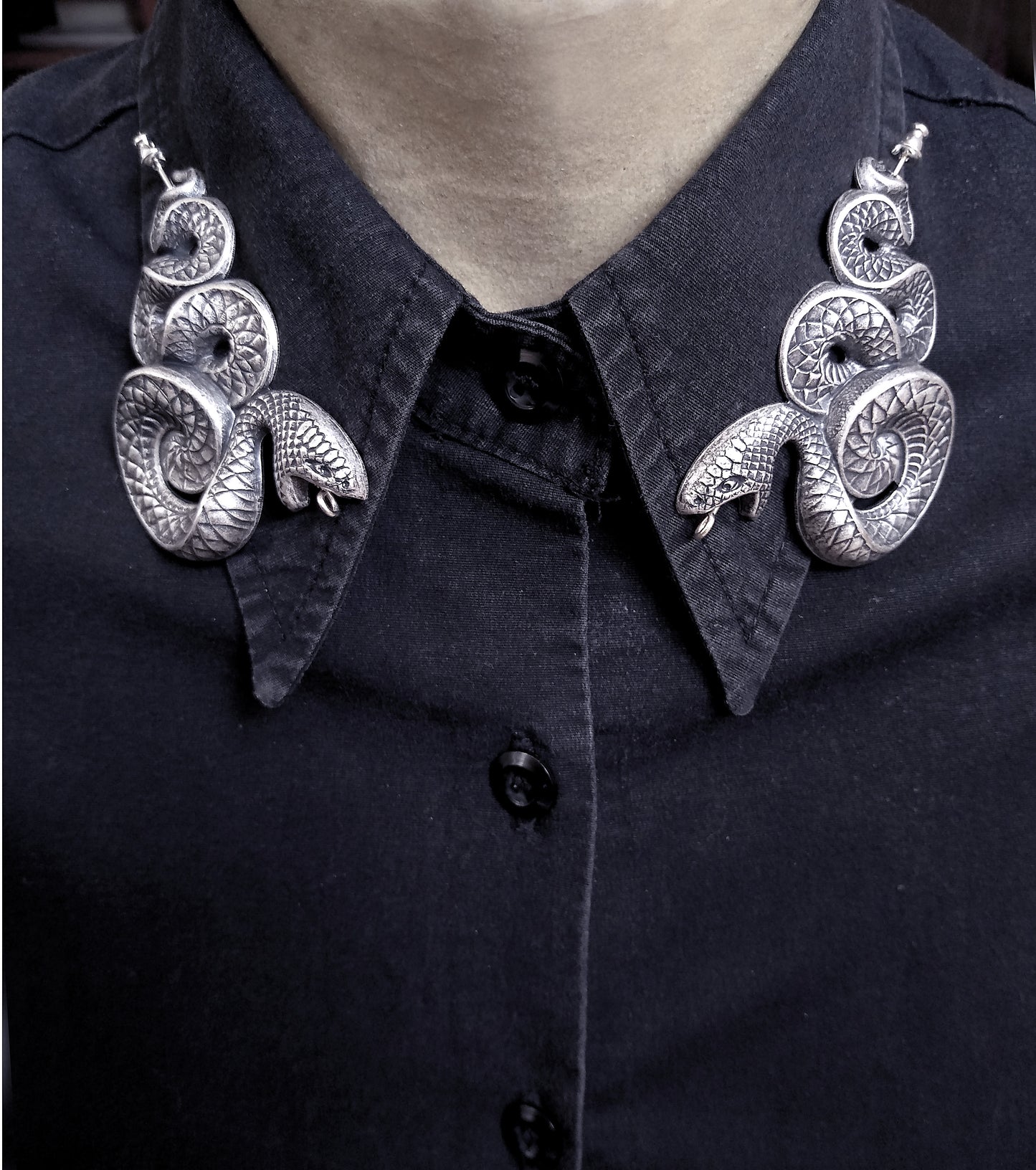 Gothic brooch pin featuring a large sterling silver plated brass snake with amazing details accented by an oxidizing process that gives it a dark antique look.