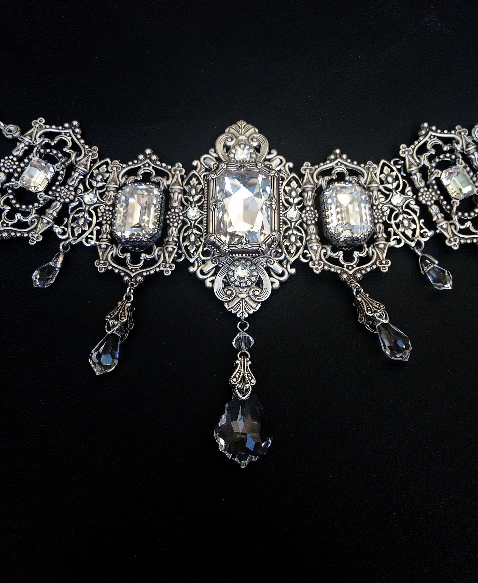 Most grand Victorian Gothic wedding choker with high quality clear crystal octagon crystals and crystal teardrops.