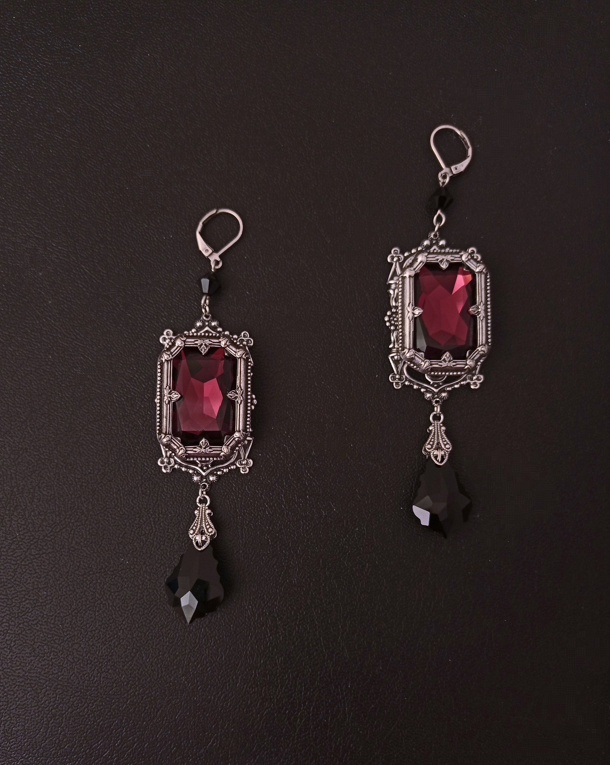 These gothic earrings feature exquisite silver arches resembling Gothic architecture windows, and host timeless Octagon jewels and baroque shaped pendants. Victorian Gothic jewelry for women, vintage style jewelry.